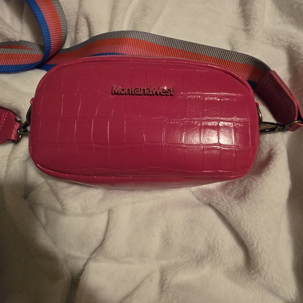 Montana West Bright Pink Croc-Embossed Crossbody with Multicolor Webbed Strap - Picture 2 of 6